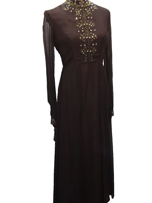 Vintage 1960's Elegant Brown Silk Chiffon Beads Rhinestones Couture Dress Small - Image 1 of 4