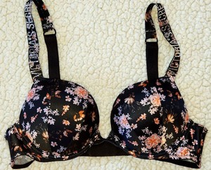 VICTORIA SECRET SIZE 34A BRA BLACK W/FLOWERS VERY SEXY PUSH-UP RHINESTONE STRAPS