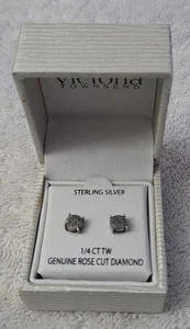 Sterling Silver 925 & 1/4 Ct Genuine Rose Cut Diamond Stud Earrings, New In Box - Picture 1 of 7
