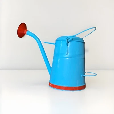 MCM Metal Watering Can Farmhouse Vintage Made in Turkey Blue Red Barn Decor - Image 1 of 4