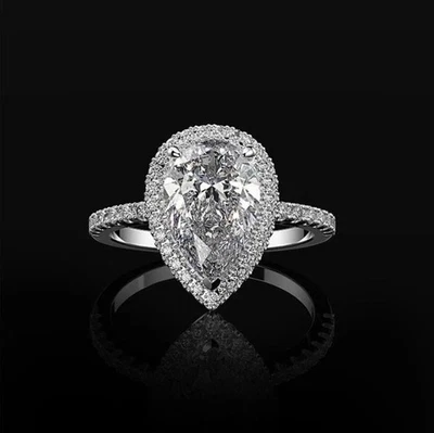 Silver-Plated Copper Teardrop Shaped White/Colorless CZ Ring Size 6 Inlaid  - Image 1 of 3