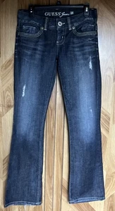 Pantalones de mezclilla Y2K Guess Daredevil corte bota lavado oscuro desgastados tiro bajo talla 28 - Imagen 1 de 7