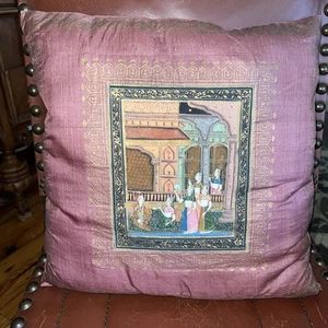 A Pair Of Mughal India Wedding/Court Scene Hand painted Silk Pillowcases - Picture 1 of 13