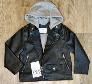 NEW Zara Biker Moto Faux Leather Jacket Baby Toddler 2-3T 98cm Black Hood Zipper - Picture 1 of 8