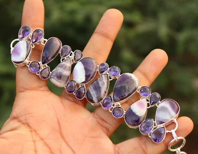 浅紫水晶和紫水晶宝石 925 纯银珠宝手链 尺寸 7-8 — 第 1/3 张图片