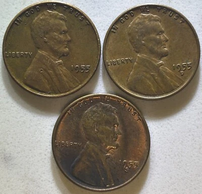 Juego de 3 monedas de centavo Lincoln Wheat 1955 P+D+S sin clasificar X3 Foto 1 de 3