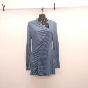 Top donna RXB scollo a V laterale manica lunga taglia media blu rayon NUOVO - Foto 1 di 5