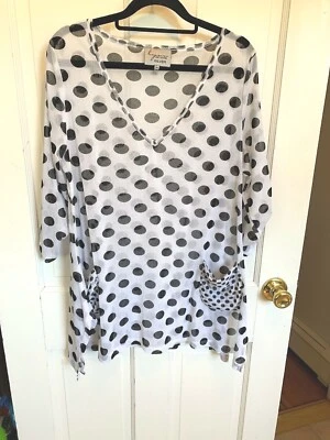 Lynn Ritchie Silver Sheer Top Tunic WHITE BLACK POLKA DOTS L POCKETS 3/4 SLEEVE - Image 1 of 4