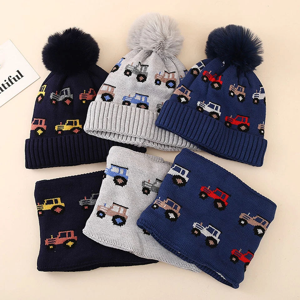 Boys Cartoon Car Fleece Lined Beanie Winter Hat Neck Warmer Scarf Knitted Hat - Image 1 of 4