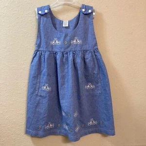 Vintage Italian Blue Cotton Jumper Dress Embroidered Folk Style Pockets Size 5 - Picture 1 of 5