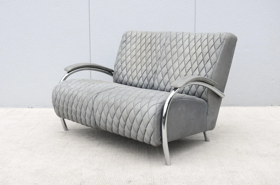 Sofá loveseat o dos asientos de Molinari de cuero y cromo de la Academia Italiana de los años 70 Foto 1 de 4