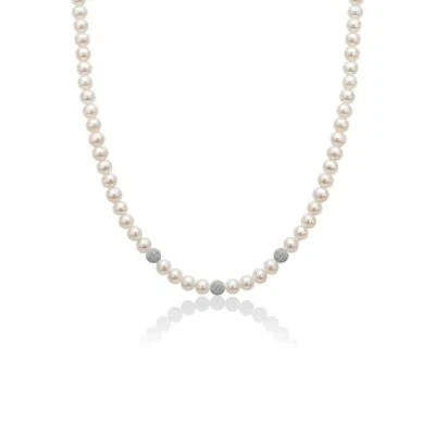 Collana girocollo filo di perle naturali e sfere diamantate in oro bianco 18 kt - Immagine 1 di 4