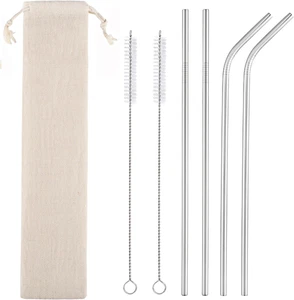 Set 4 Cannucce in Metallo Riutilizzabili, Cannuccia Lunga in Acciaio Inox con Spazzole di Pulizia - Foto 1 di 12