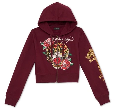 💥ED HARDY Mujer Retro Tigre Rosa Recortada Sudadera con Capucha Cremallera Sangría Talla LG 🐅🌹🆕️ Foto 1 de 4