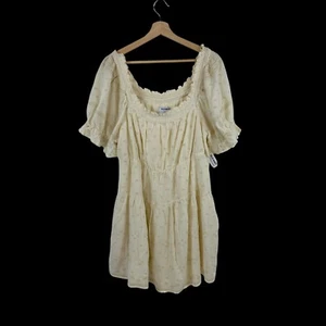 Old Navy Boho Cream Mini Swing Dress XL Puff Sleeve Tiered Smocked Embroidered - Picture 1 of 12