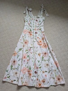 H&M White Blush Floral Cotton Tie Strap Midi Dress UK Size Small BNWT - Picture 1 of 10