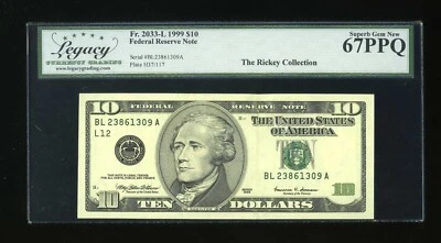 DBR 1999 $10 San Francisco Superb Gem Fr. 2033-L Legacy 67 PPQ Ser # BL23861309A - Image 1 of 2