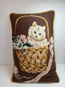 Vintage Cross Stitch Kittens In A Basket Finished Pillow 18 X 12 Inches - Picture 1 of 4