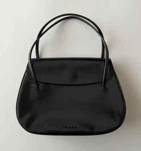 PRADA Vintage 1990s Leather Flap Handbag Black Top Handle Rare Purse Italy Used - Picture 1 of 3