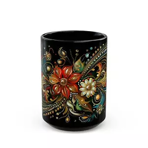 Floral Coffee Mug, 11oz 15oz, Pavlovo Posad Black Ceramic Mug, Russian Tea Cup - Picture 1 of 10