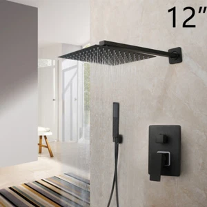 2-Way Matte Black 12" Sqaure Rain Shower Head Mixer Valve Hand Shower Faucet Set - Imagen 1 de 11