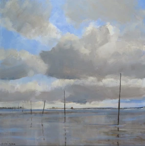 ORIGINAL MALCOLM LUDVIGSEN Pilgrim Causeway Lindisfarne Northumberland PAINTING - Picture 1 of 1