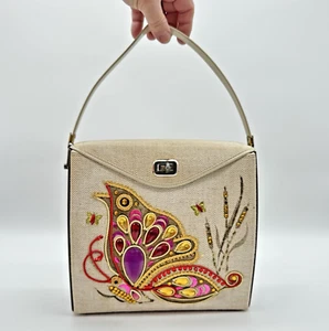Butterfly Handbag Sequins Ribbon Jewels Wooden Sides VTG MCM Retro 60's Fashion - Picture 1 of 21