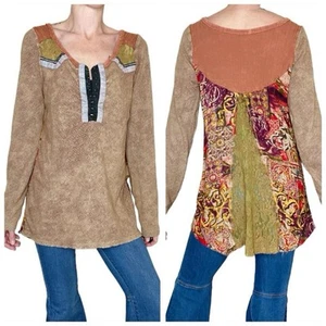 By BKE Camicia Manica Lunga Tan Beige Colorata Pizzo Patchwork Termica Casual Hippie - Foto 1 di 8