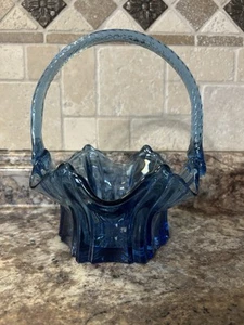 Vintage Fenton Art Glass Dark Blue Vulcan Basket Ribbed Handle•Hallmarked - Picture 1 of 7