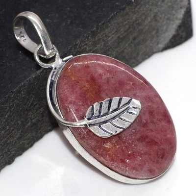 925 Silver Plated Leaf Pink Thulite Pendant Jewelry Size 1.8" GW - Image 1 of 3