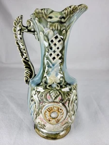 Vintage Majolica Art Jug Pitcher Numbered Base Lattice Design Glazed Rare Prop - Picture 1 of 12