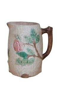 Antique Majolica Arsenal Wild Rose Rustic Tree Bark Creamer Pitcher Jug 9" - Picture 1 of 12