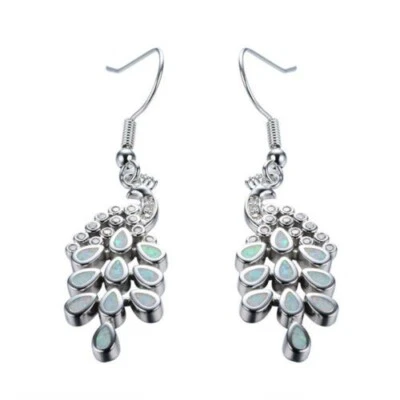 Pretty White Faux Fire Opal & Crystal Peacock Charm Hook Dangle Drop Earrings - Image 1 of 4