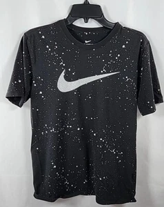 Nike Tee Dri-Fit Swoosh Logo Black Bleach Splatter Gym Workout Athletic Shirt  - Picture 1 of 7