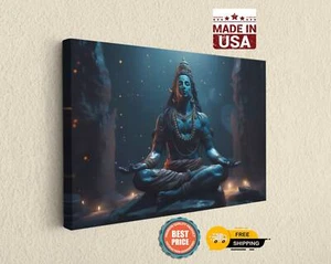 Blue Lord Shiva Sitting Lotus Position Canvas Art Print - Home Decor - Picture 1 of 8