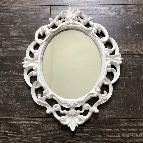 Vintage Oval Ornate Wall Mounted Mirror, White 16” x 12.5” Cover