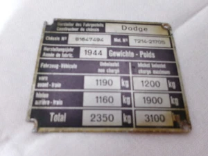 WWII DODGE WC52 DUTCH LEND LEASE DATA PLATE ORIGINAL - Picture 1 of 3