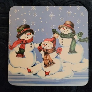 Vintage Snowmen Christmas Coasters Cork Back New in Pkg 4 inch - Picture 1 of 6