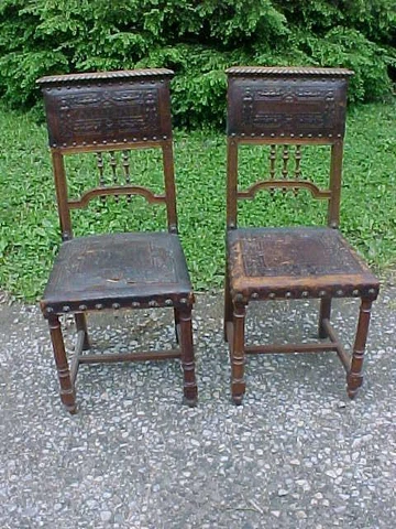 PAIR HENRY II REVIVAL 1880-1900 WALNUT CHAIRS EMBOSSED TOOLED LEATHER SEATS BACK Cover
