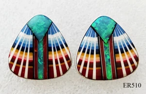 HANDCRAFTED OPAL ONYX LAPIZ INLAY STERLING SILVER TEARDROP STUD EARRINGS - Picture 1 of 5