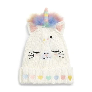 Under One Sky Girl Cream Caticorn Cat Unicorn Faux Fur Knit Heart Beanie Size S - Picture 1 of 3