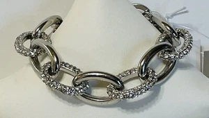NWT Chico's Chunky 7.5” Or 8.5" Pave Rhinestone Chain Link Bracelet Silver Tone - Picture 1 of 8