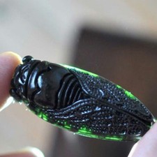 Cicada Natural Hand Carved Chinese Black Green Dark Jade Pendant Lucky Amulets