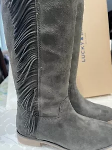 Lucky Brand LK-Grayer Tall Boots Dark Moss Oiled Suede Fringe Boots S7.5M NIB - Picture 1 of 6