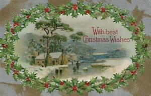 Family Fishing in River Silver& Gold Holly Wreath John Winsch Christmas Postcard - Picture 1 of 2