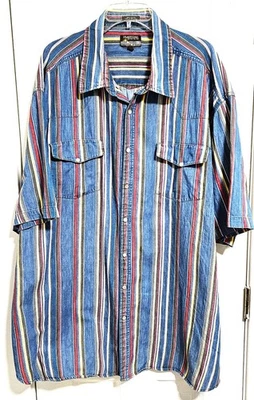 Vtg Plainsman Tall Mens Striped Denim Pearl Snap S/S Pockets Shirt 4XLT 20-20.5T - Image 1 of 3