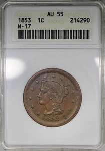 1853 Braided Hair Large Cent ANACS AU55 Soapbox Newcomb 17 - Picture 1 of 2