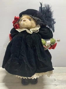 Victorian Teddy Bear Doll Black Velvet Dress Hat Feathers Roses Elderberry Wine - Picture 1 of 12