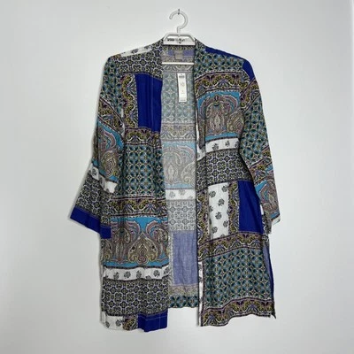 NWT Chico's Printed Blue Multi-Color Linen Topper 3/4 Sleeve Jacket Size 4 20/22 - Image 1 of 4
