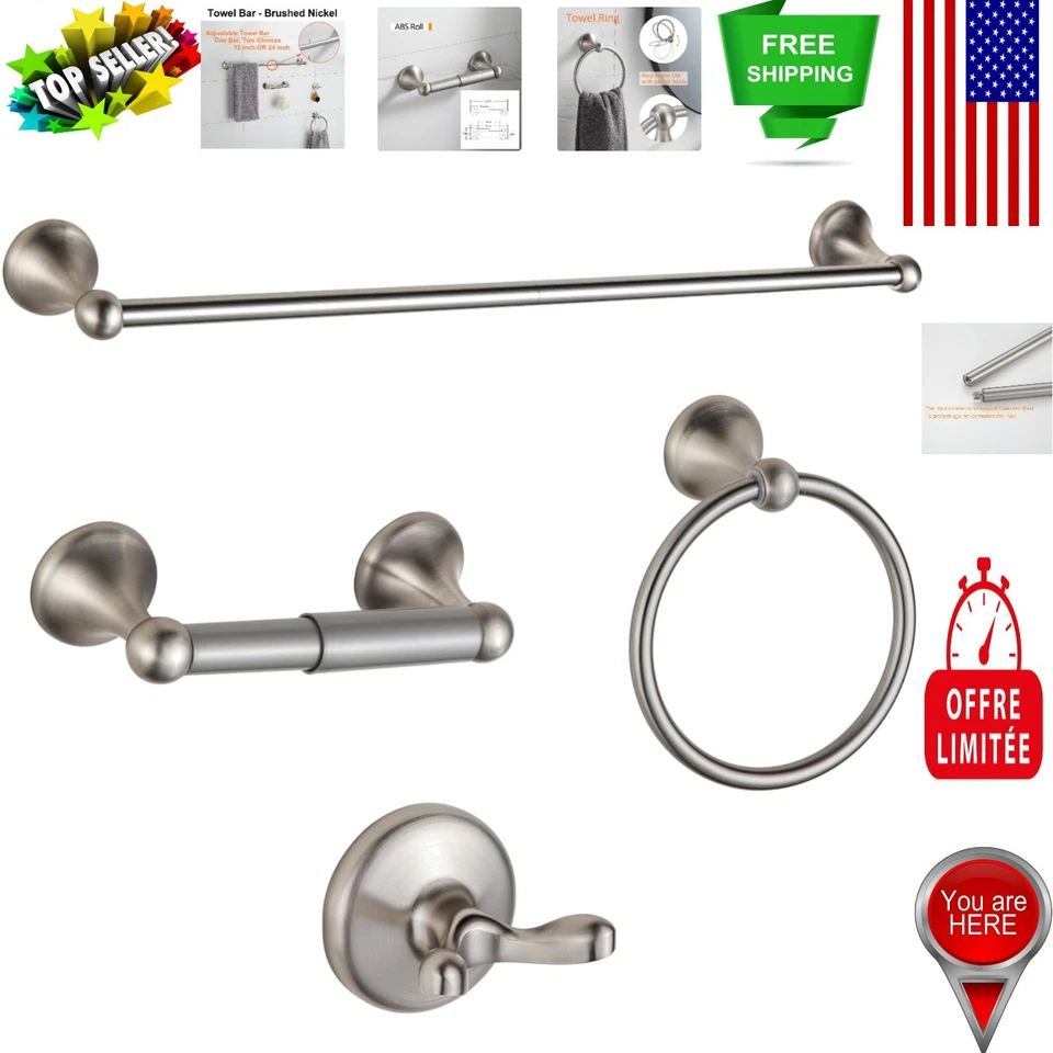 Brushed Nickel Bathroom Accessories 4 Pcs Set Adjustable Towel Bar Wall Mounted